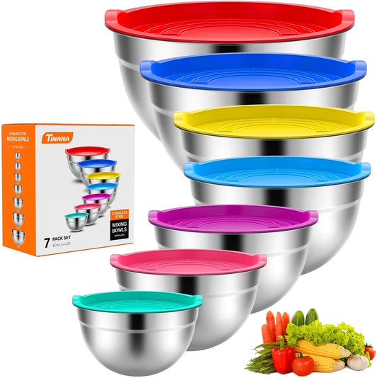 Versatile 7-Piece Stainless Steel Mixing Bowls Set with Lids - Nesting Design, Multi-Color, Perfect for Baking, Preparation, and Serving!