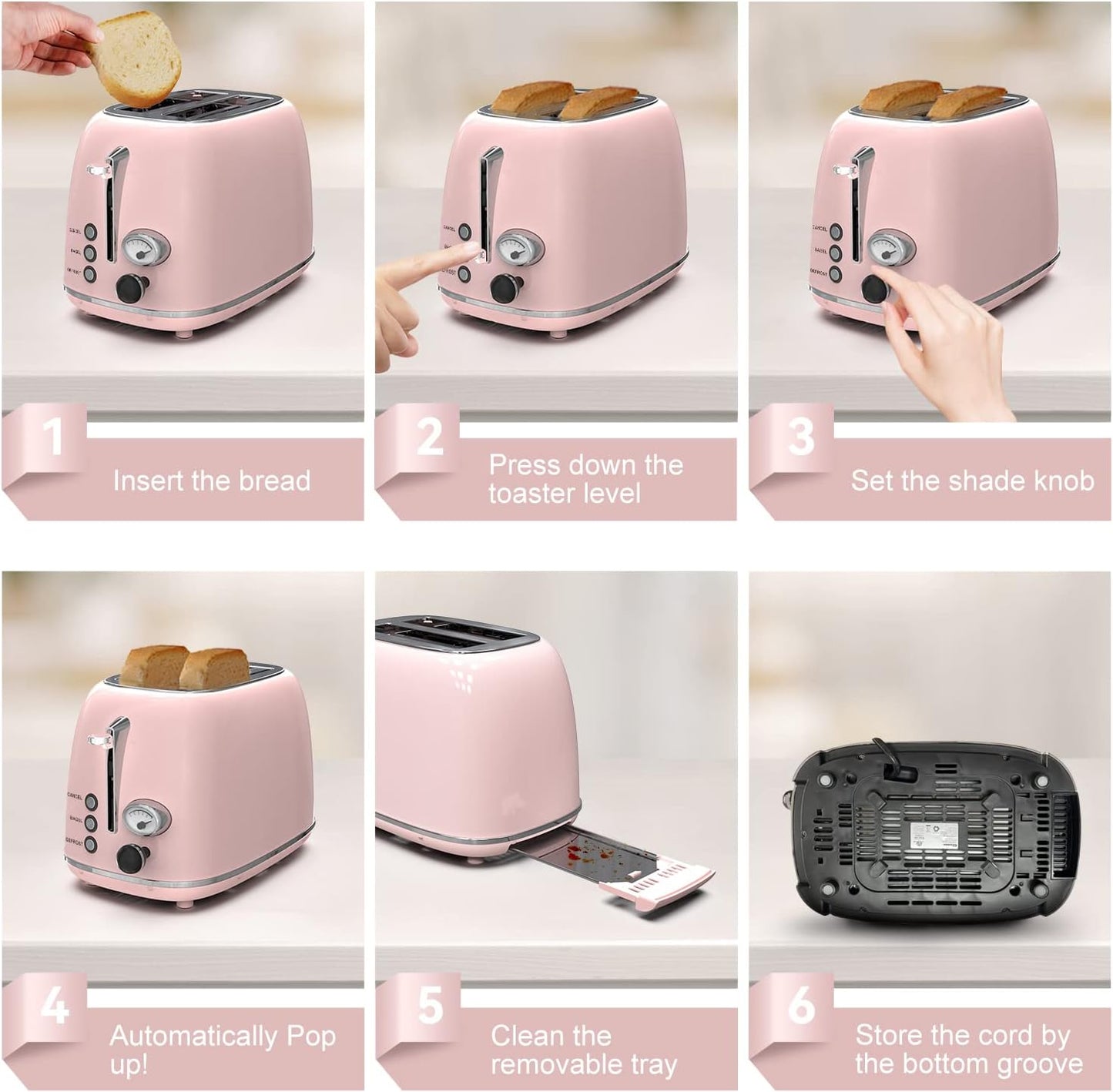 Retro Stainless Steel 2-Slice Toaster with 6 Settings, 1.5-Inch Extra Wide Slots, Bagel/Defrost/Cancel Functions, and Removable Crumb Tray in Baby Pink