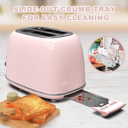 Retro Stainless Steel 2-Slice Toaster with 6 Settings, 1.5-Inch Extra Wide Slots, Bagel/Defrost/Cancel Functions, and Removable Crumb Tray in Baby Pink