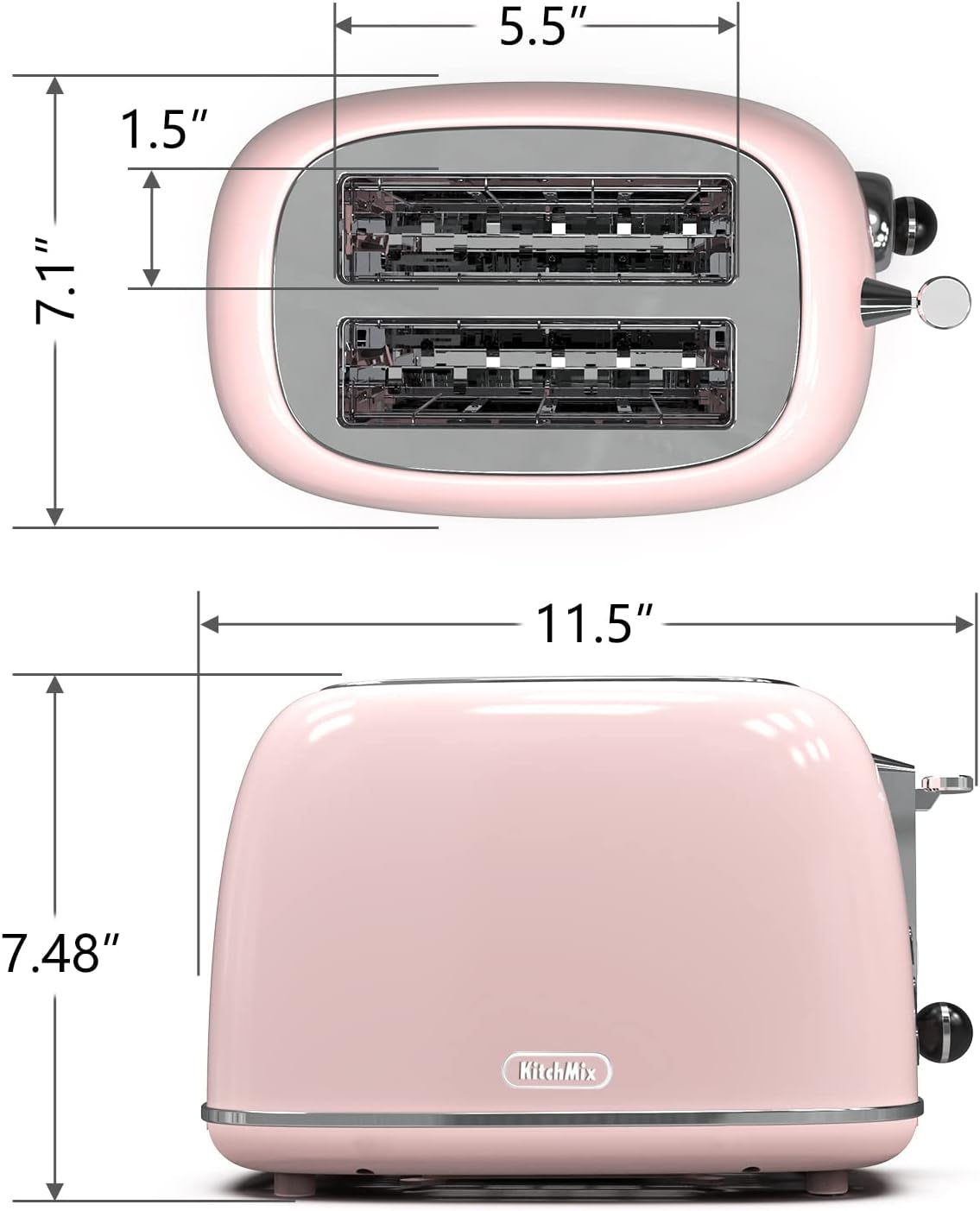 Retro Stainless Steel 2-Slice Toaster with 6 Settings, 1.5-Inch Extra Wide Slots, Bagel/Defrost/Cancel Functions, and Removable Crumb Tray in Baby Pink