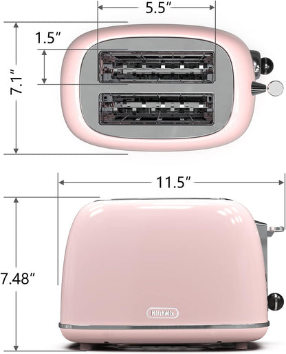 Retro Stainless Steel 2-Slice Toaster with 6 Settings, 1.5-Inch Extra Wide Slots, Bagel/Defrost/Cancel Functions, and Removable Crumb Tray in Baby Pink