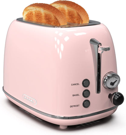 Retro Stainless Steel 2-Slice Toaster with 6 Settings, 1.5-Inch Extra Wide Slots, Bagel/Defrost/Cancel Functions, and Removable Crumb Tray in Baby Pink