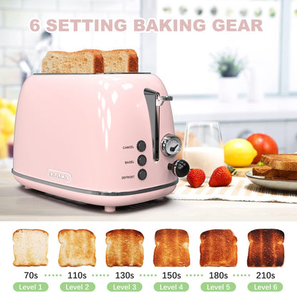 Retro Stainless Steel 2-Slice Toaster with 6 Settings, 1.5-Inch Extra Wide Slots, Bagel/Defrost/Cancel Functions, and Removable Crumb Tray in Baby Pink