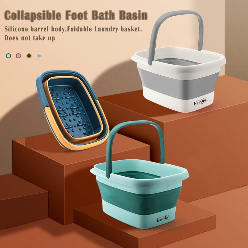 Collapsible Foot Bath Basin with Massage Acupoint, Portable Foot Soak Tub and Foldable Laundry Basket - Grey