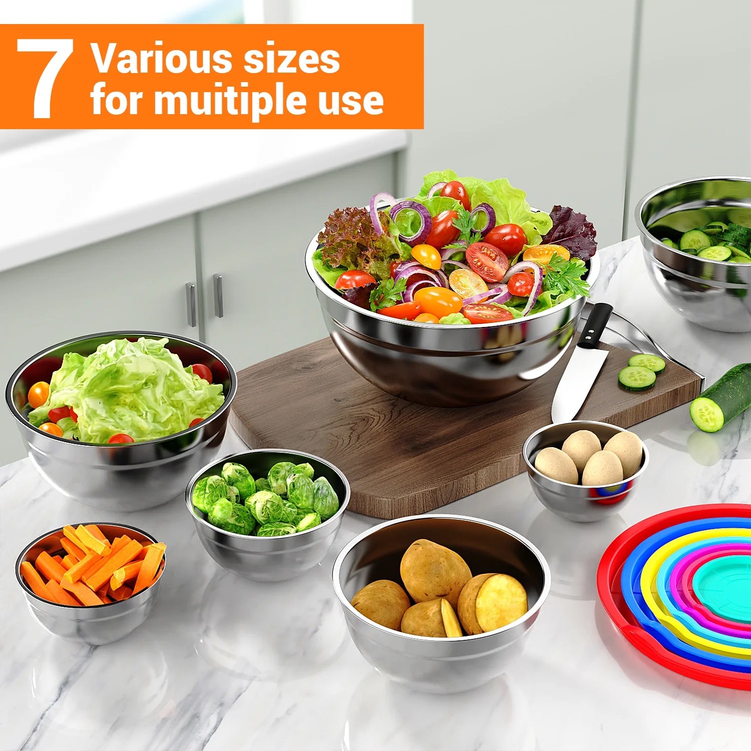 Versatile 7-Piece Stainless Steel Mixing Bowls Set with Lids - Nesting Design, Multi-Color, Perfect for Baking, Preparation, and Serving!