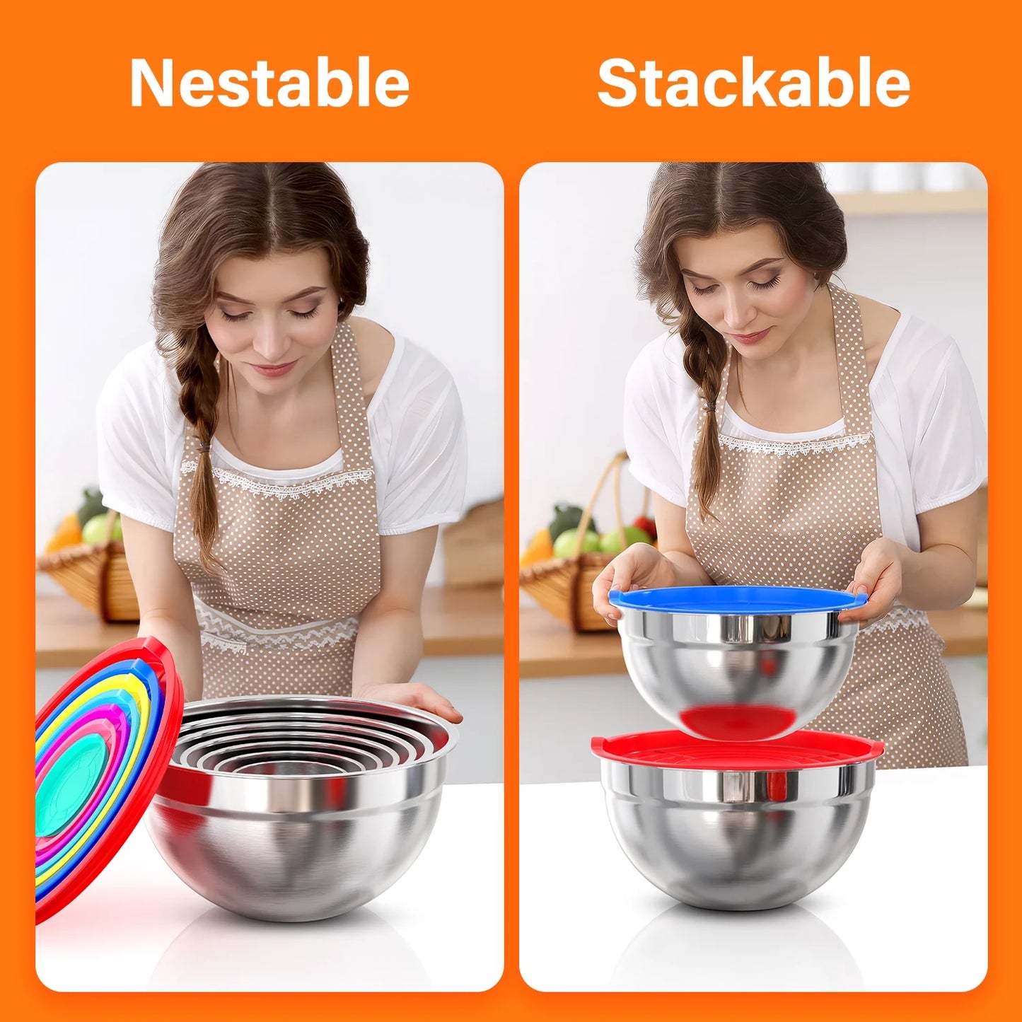 Versatile 7-Piece Stainless Steel Mixing Bowls Set with Lids - Nesting Design, Multi-Color, Perfect for Baking, Preparation, and Serving!