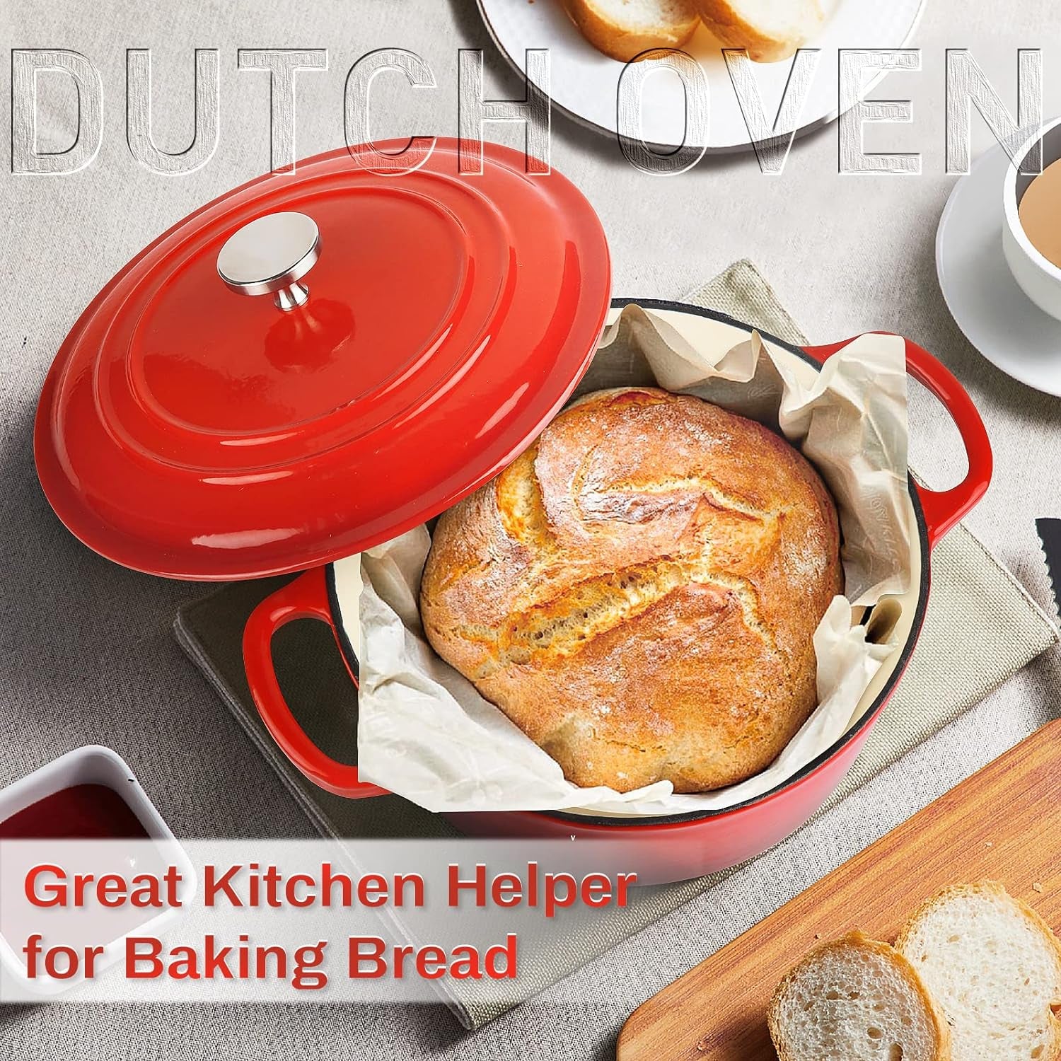 3-Quart Enamel Cast Iron Dutch Oven with Loop Handles and Lid, Red