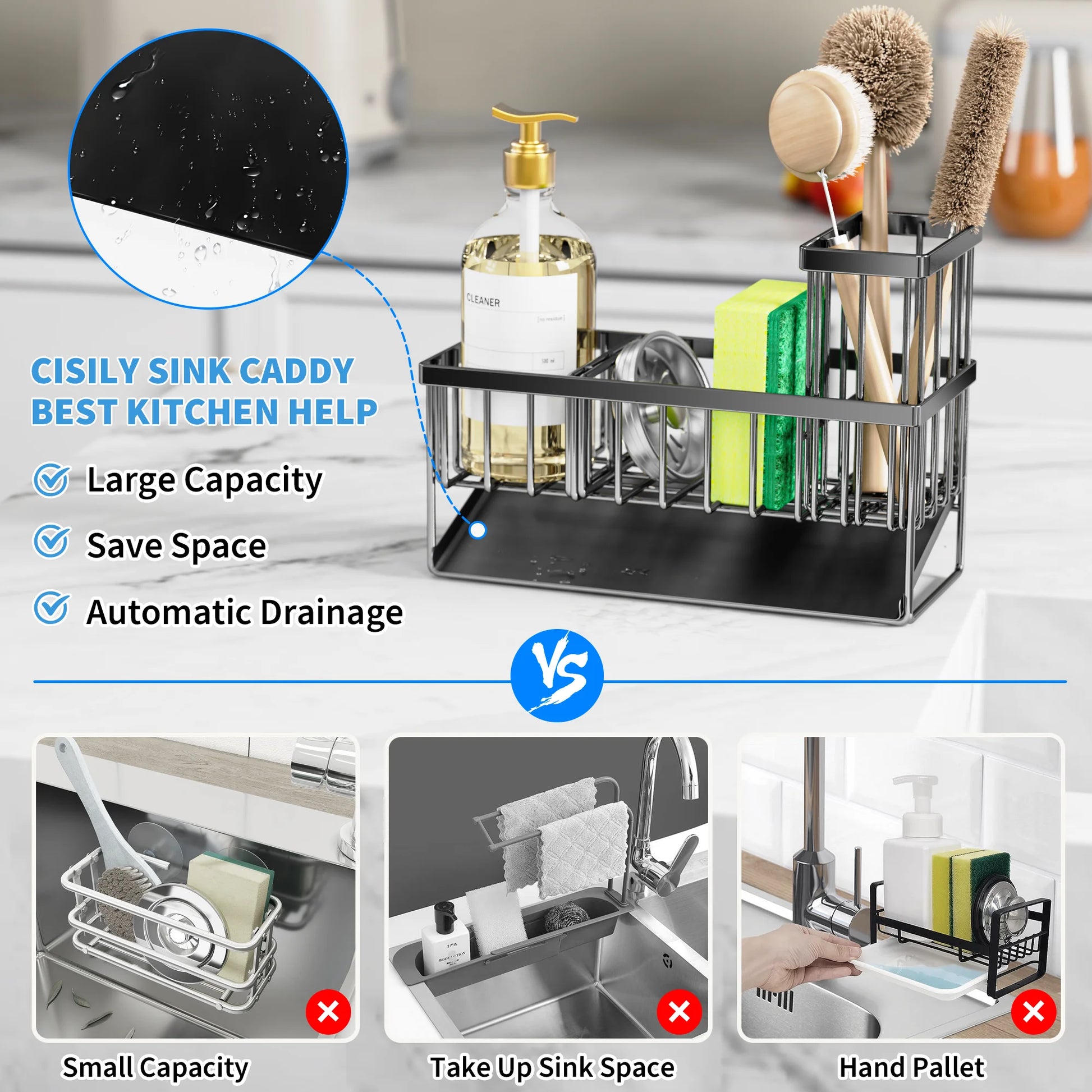 Ultimate Waterproof & Rustproof Black Sink Caddy for Kitchen Sponges & Accessories