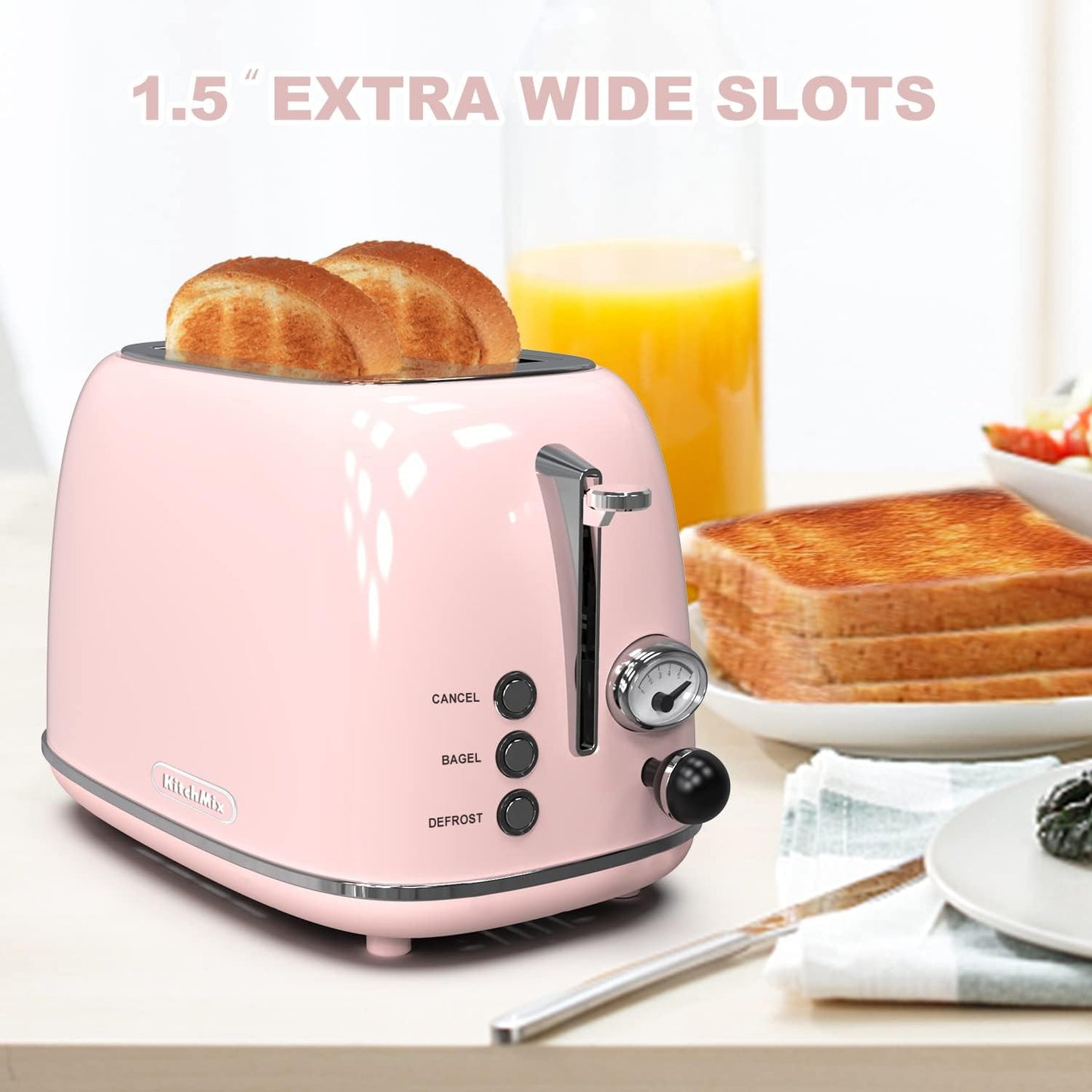 Retro Stainless Steel 2-Slice Toaster with 6 Settings, 1.5-Inch Extra Wide Slots, Bagel/Defrost/Cancel Functions, and Removable Crumb Tray in Baby Pink