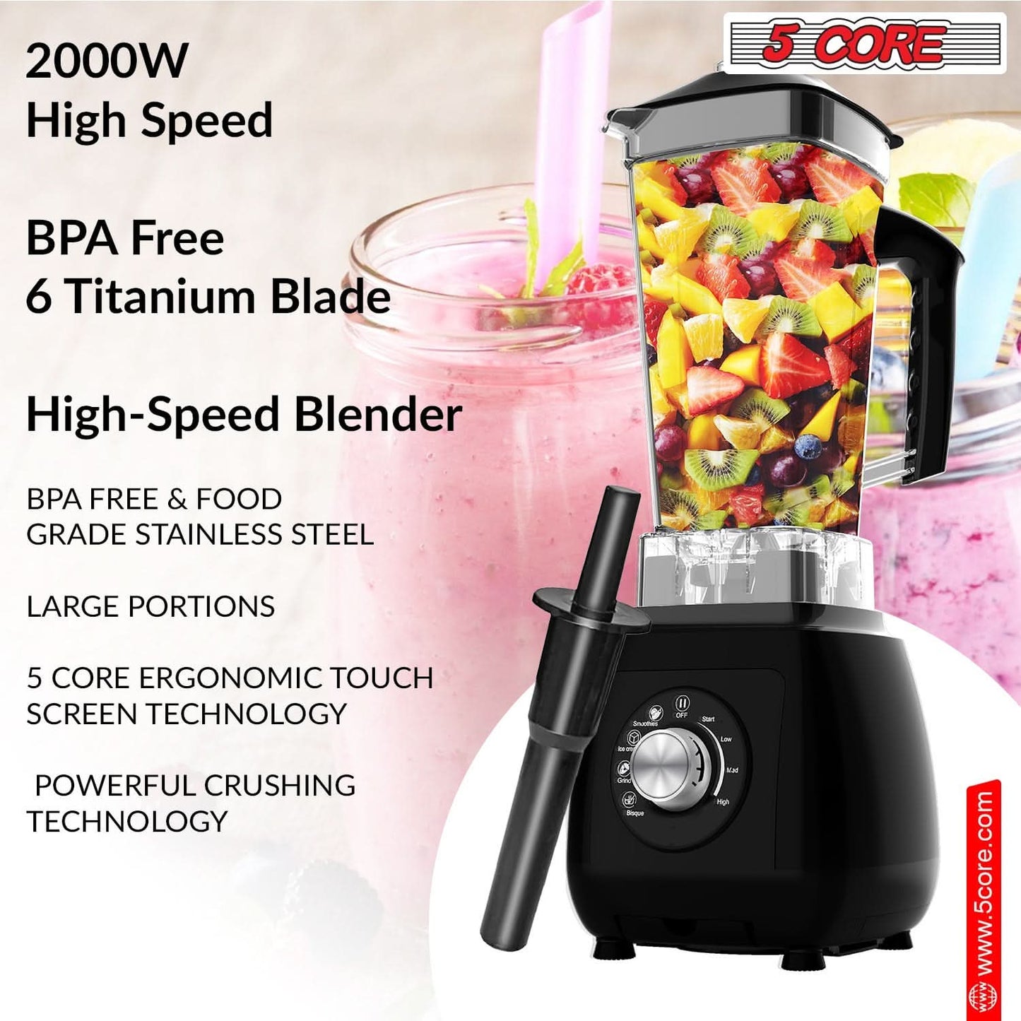 Powerful 2000W 5Core Juicer Blender - Ultimate Kitchen Smoothie Maker with 68Oz Jar