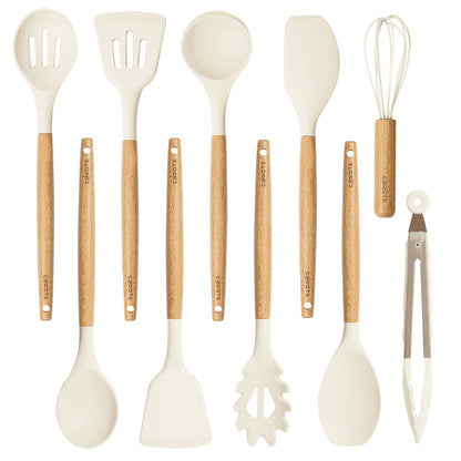 Premium 10-Piece Silicone Kitchen Utensil Set with Elegant Wooden Handles