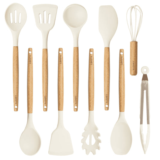 Premium 10-Piece Silicone Kitchen Utensil Set with Elegant Wooden Handles