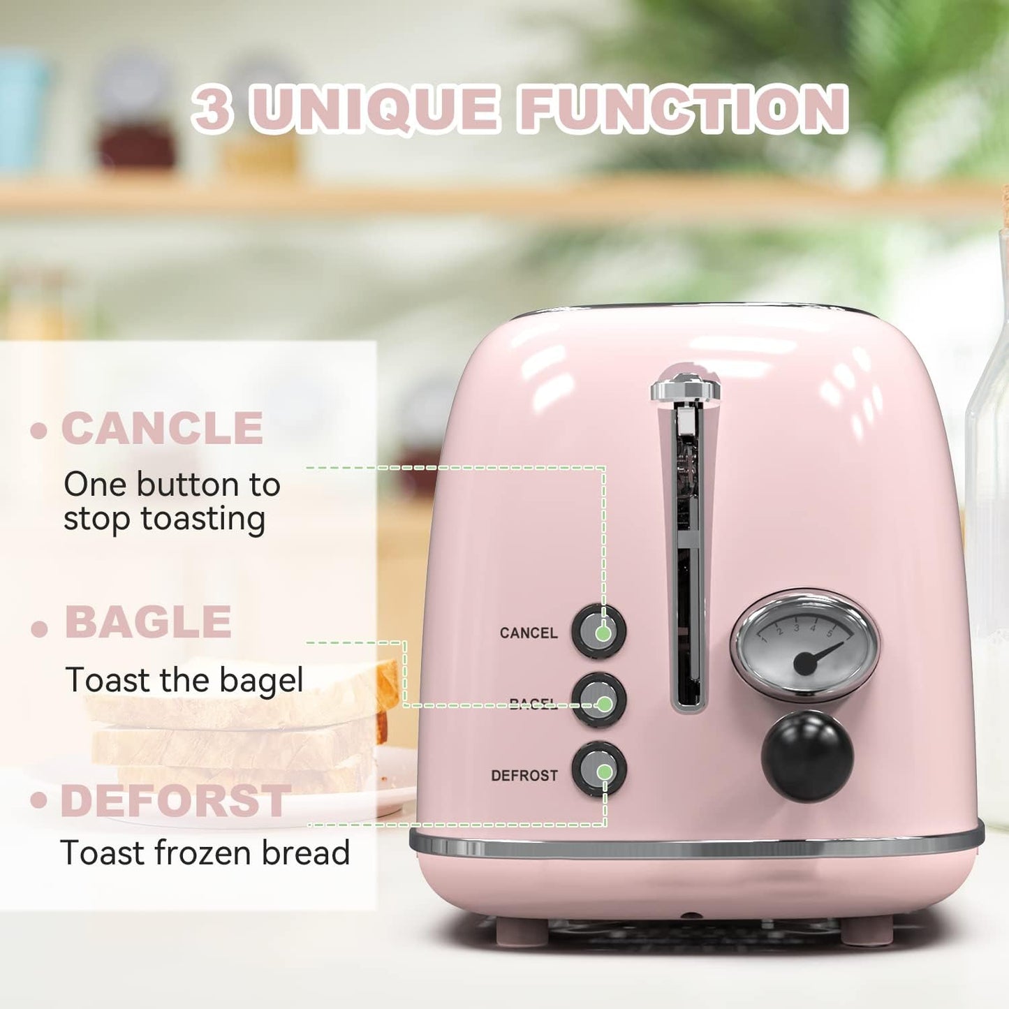 Retro Stainless Steel 2-Slice Toaster with 6 Settings, 1.5-Inch Extra Wide Slots, Bagel/Defrost/Cancel Functions, and Removable Crumb Tray in Baby Pink