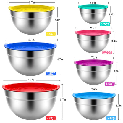 Versatile 7-Piece Stainless Steel Mixing Bowls Set with Lids - Nesting Design, Multi-Color, Perfect for Baking, Preparation, and Serving!