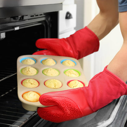 Premium Extra Long Silicone Oven Mitts - Heat Resistant & Flexible Pot Holders (Canyon Red, 13.7 Inches)