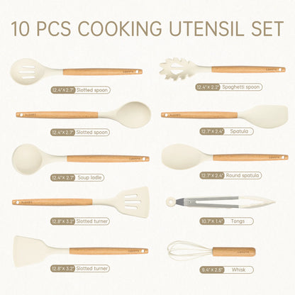 Premium 10-Piece Silicone Kitchen Utensil Set with Elegant Wooden Handles