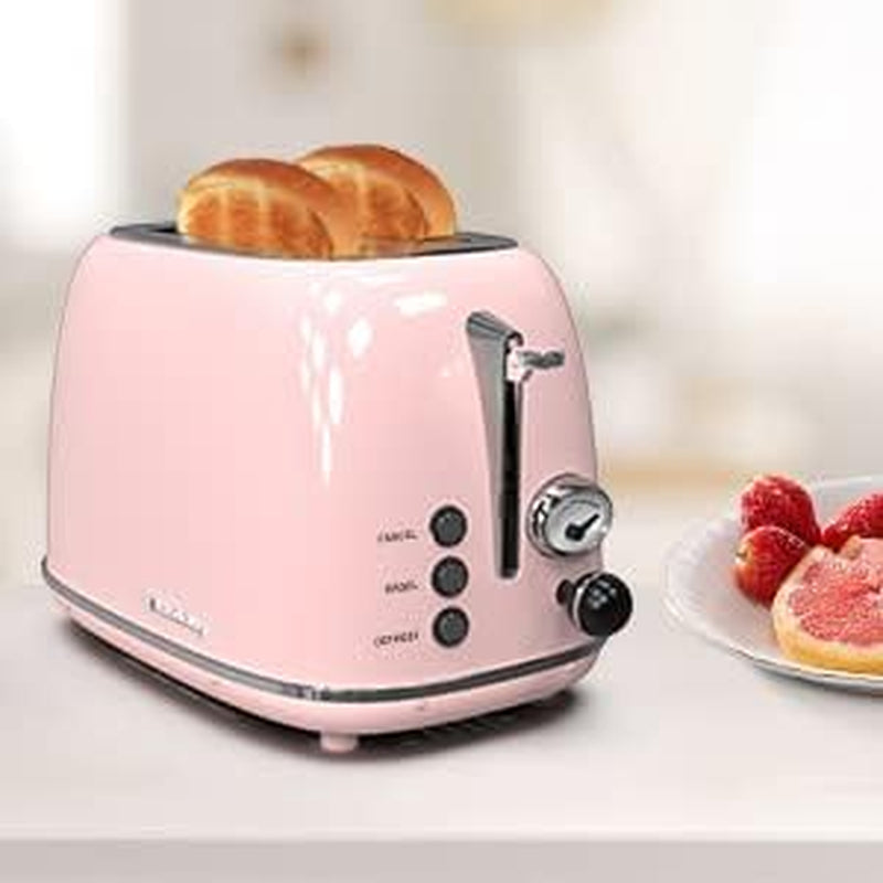 Retro Stainless Steel 2-Slice Toaster with 6 Settings, 1.5-Inch Extra Wide Slots, Bagel/Defrost/Cancel Functions, and Removable Crumb Tray in Baby Pink