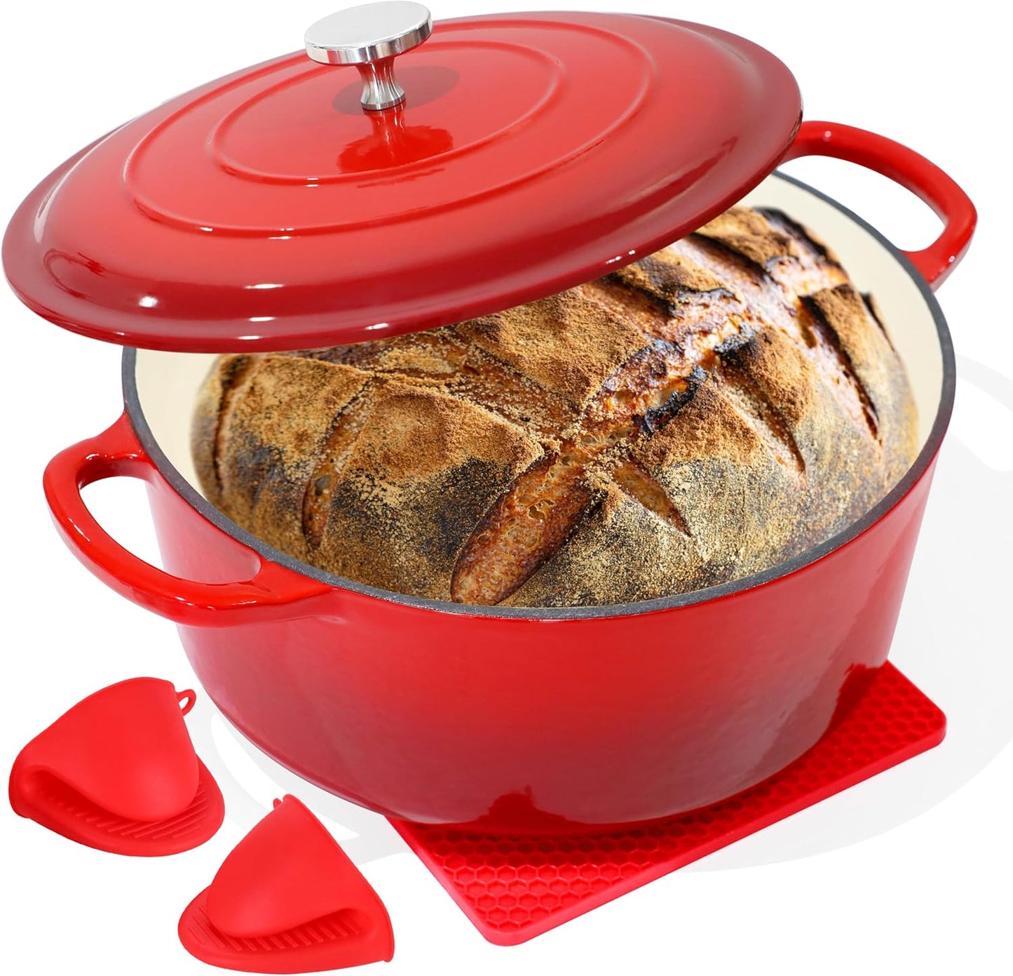 3-Quart Enamel Cast Iron Dutch Oven with Loop Handles and Lid, Red