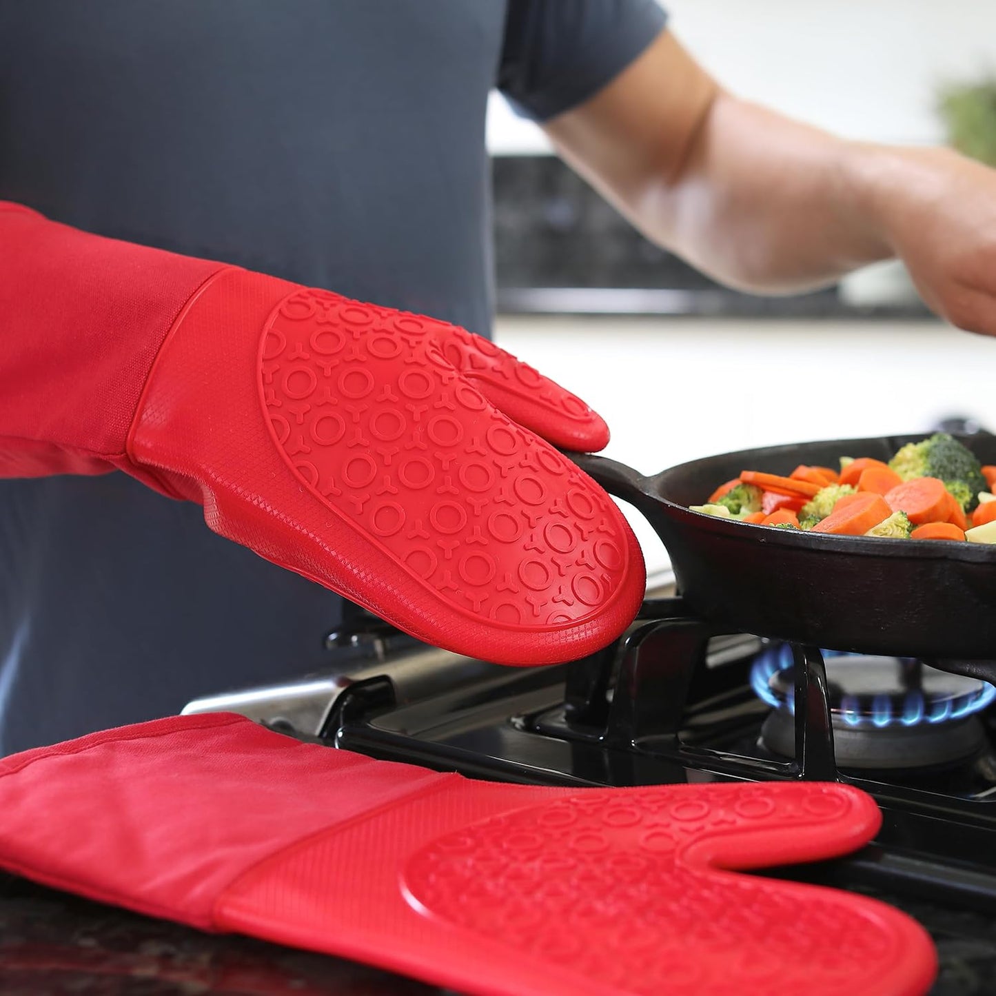 Premium Extra Long Silicone Oven Mitts - Heat Resistant & Flexible Pot Holders (Canyon Red, 13.7 Inches)